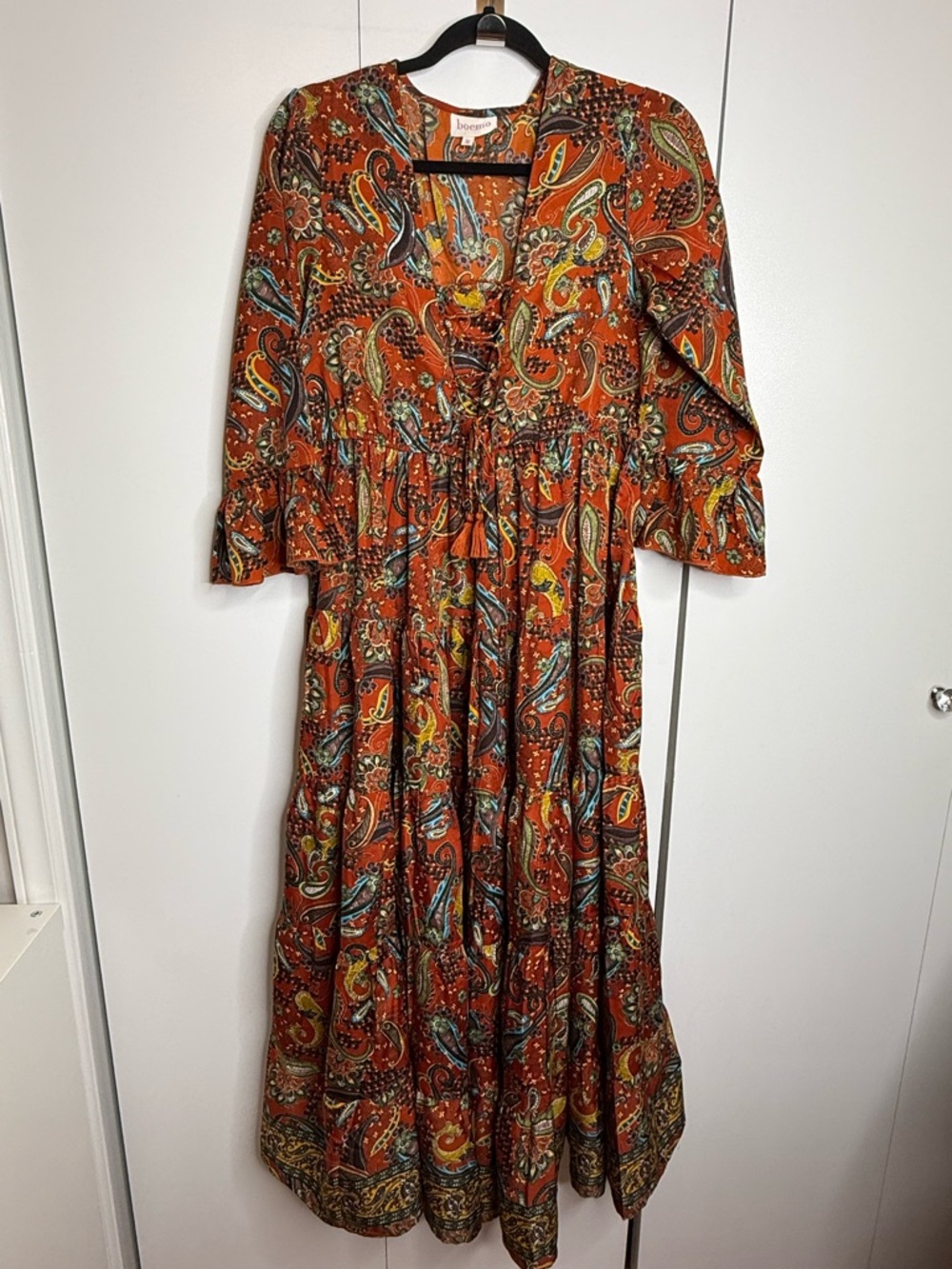 Boemo Lightweight Paisley Boho Tiered Maxi Dress 3/4 Bell Sleeves - Medium